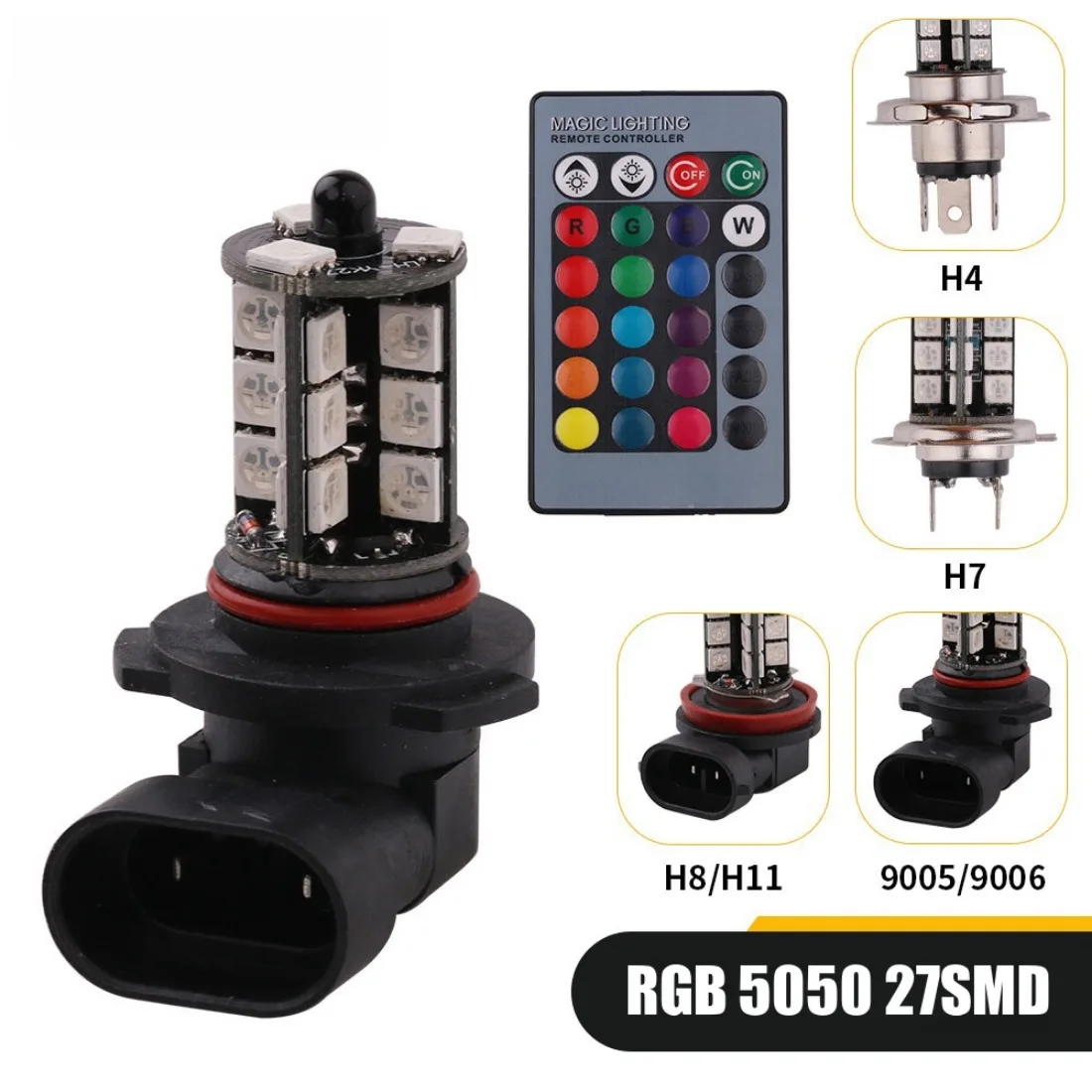 2 Pcs Headlight Fog Light Lighting Bulb-5050 RGBW LED 27SMD H4 H11 H7 9005 9006 +24 keys Remote Control