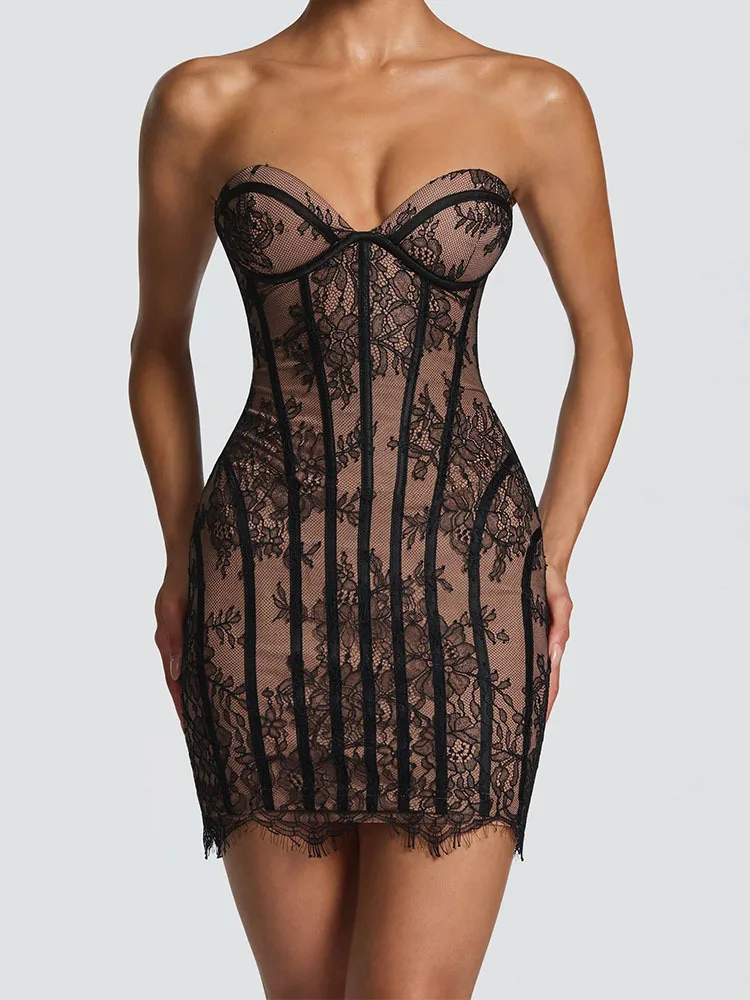 Mini Abito Aderente Senza Spalline da Donna 2026 con Pizzo a Righe, Sexy, Senza Schienale, per Feste e Club, Outfit Estivo Casual