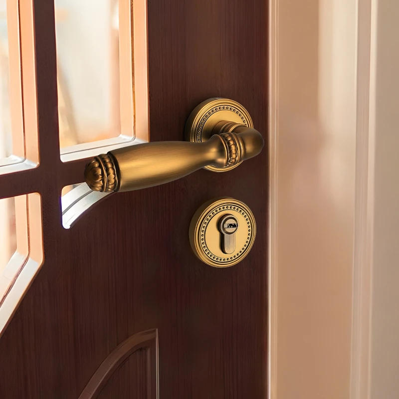 Retro light luxury Chinese brass copper interior door lock home room bedroom door lock split silent wooden door handle