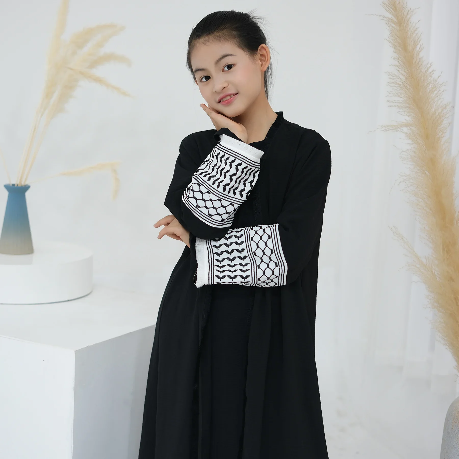 Keffiyeh Kids Girls Open Abaya Kimono Palestine Embroidery Tassels Muslim Abayas for Children Dubai Luxury Islamic Kaftan Dress