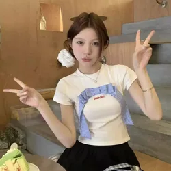 Woman Clothing Sweet White O-Neck Bow Short Sleeve T-Shirts Summer Women New Design Letter Print Crop Top Female Cute Slim Tees