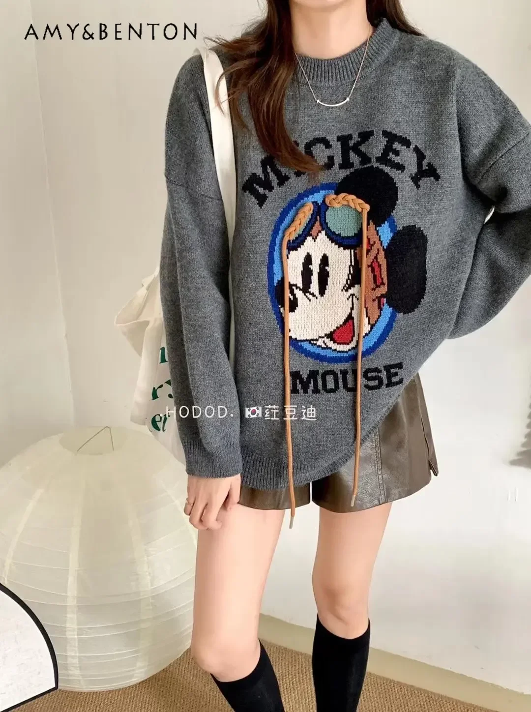 

Potdemiel Women's Younger Cartoon Jacquard Pattern Pullovers Autumn Winter New Loose Sweater Pullover Ladies Casual Knitted Tops