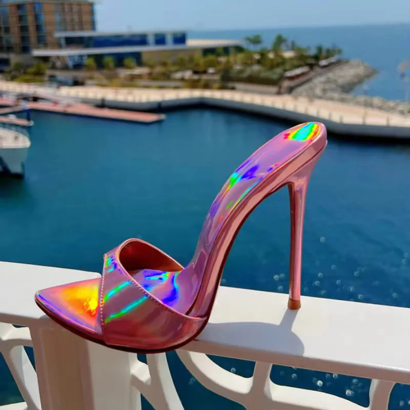 Glossy Colorful mixed colors open pointed toe 12cm super high thin heels slip on outdoor sexy women sandals LX035