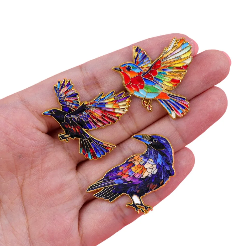 Stained Glass Bird Enamel Pin Colorful Raven Brooch Vintage Mosaic Animal Lapel Badge for Backpack Jacket Bag DIY Decor Jewelry