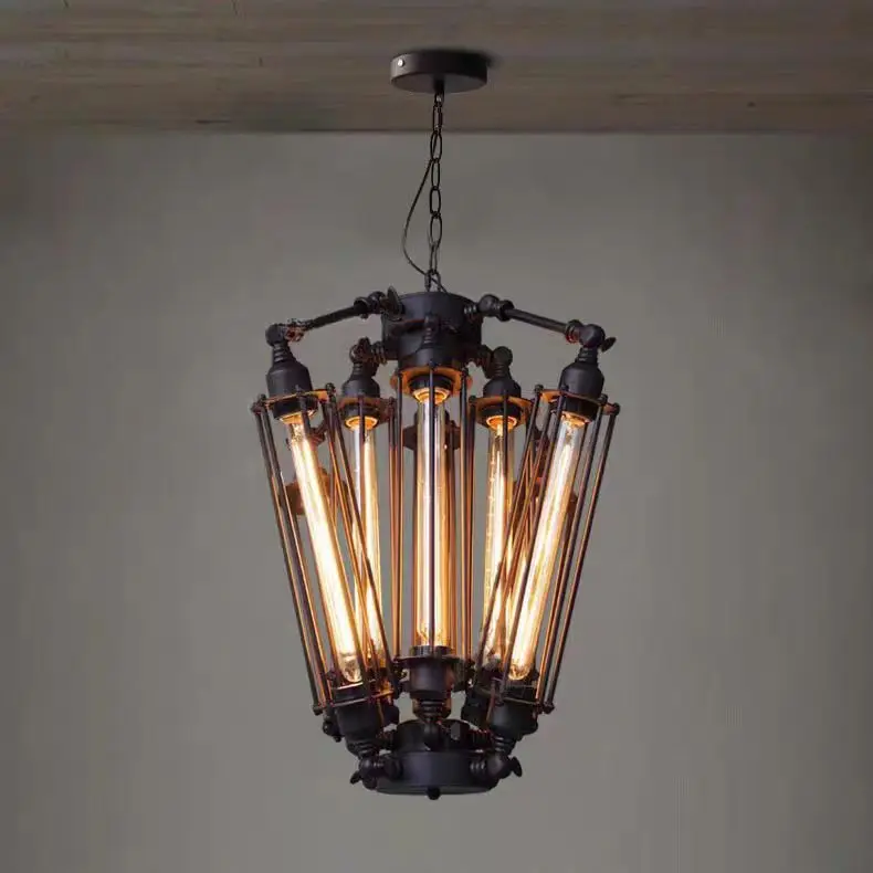 American Industrial Iron Chandeliers LED Glass Tube Lamp For Restaurant Edison Bulbs Black Restaurant Hotel Bar