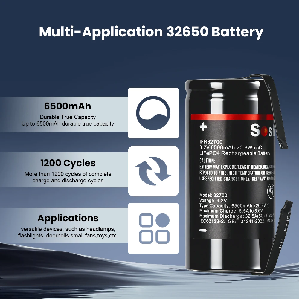 Soshine 3.2V 32700 Battery 100% Orignal 6500mAh LiFePO4 Battery 35A Continuous Discharge Maximum 55A Battery+DIY Nickel Sheets