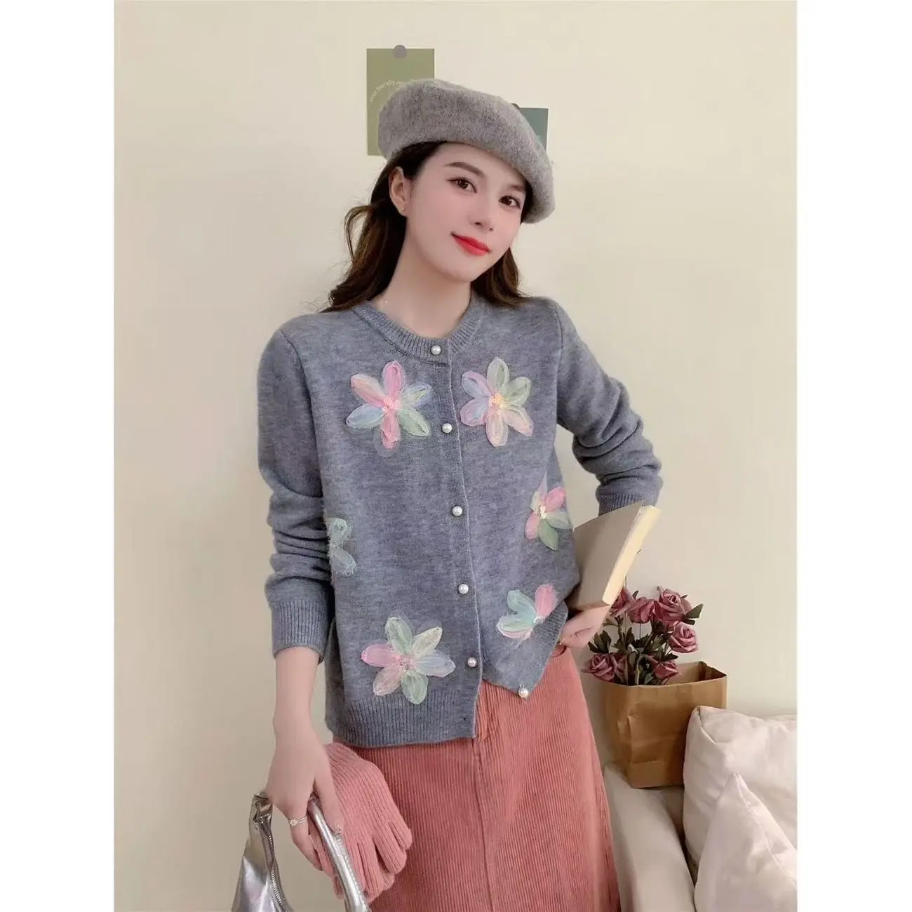 

Женский кардиган, кружевной трикотаж с цветами