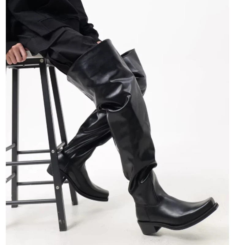

Men's Upturned Toe Chunky Heels Over-The-Knee Boots 2026 Fashion Black Knight Boots for Men Casual Streetwear Long Boots