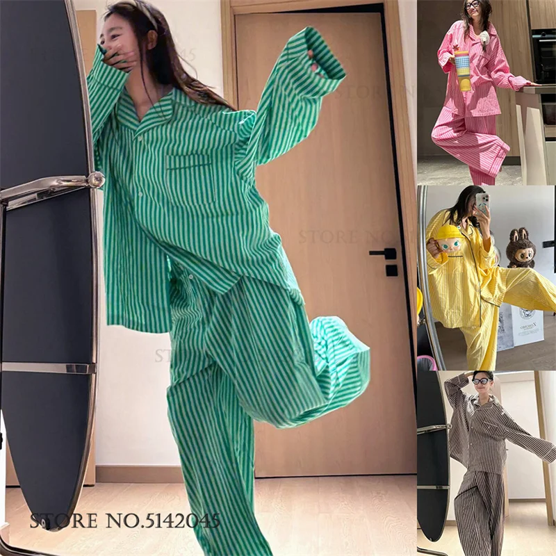 

Новые пижамы, комплекты из 2 предметов, женская одежда, повседневная одежда для сна в зеленую полоску, брючные костюмы, весенне-осенняя свободная домашняя одежда, Pijama Mujer