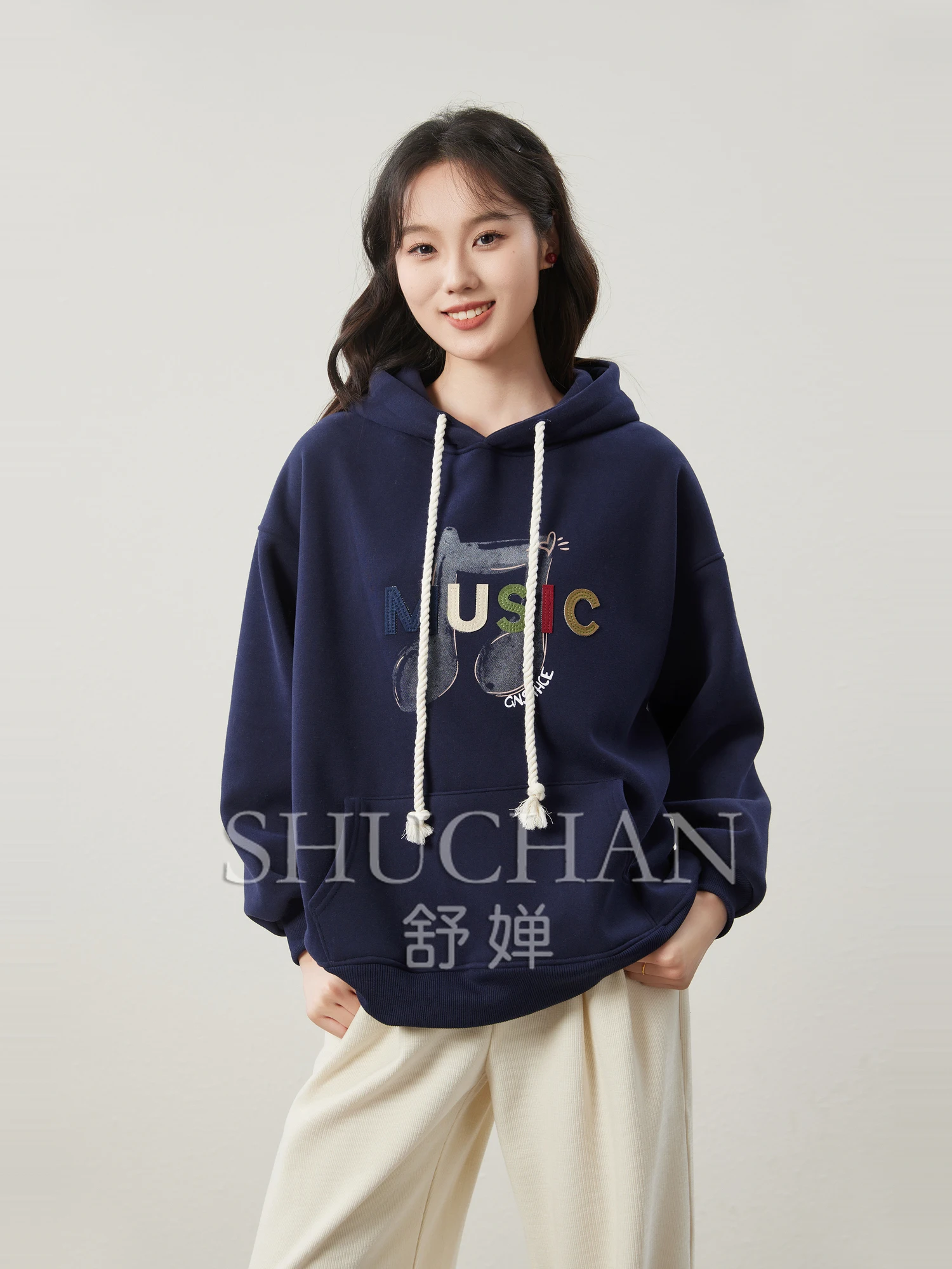 65% Cotton Autumn and Winter Fleece Printing Embroidered Drawstring Hooded Loose  Sweatshirt Women Winter Warm