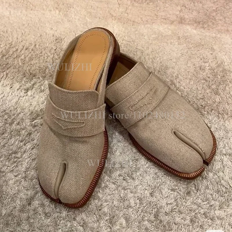 

Light Grey Canvas Men's Split Toe Slippers Mules Round Brown Sole Slingback Oxfords Spring Loafers Patchwork Fashion Casual Shoe