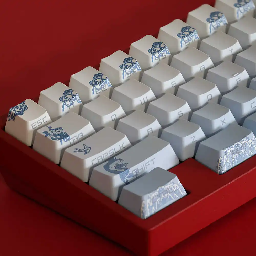 

134Keys Side Engraved Backlit PBT Keycaps OEM Profile Blue-White Porcelain Theme For 68 75 84 87 104 Mechanical Keyboards Keycap