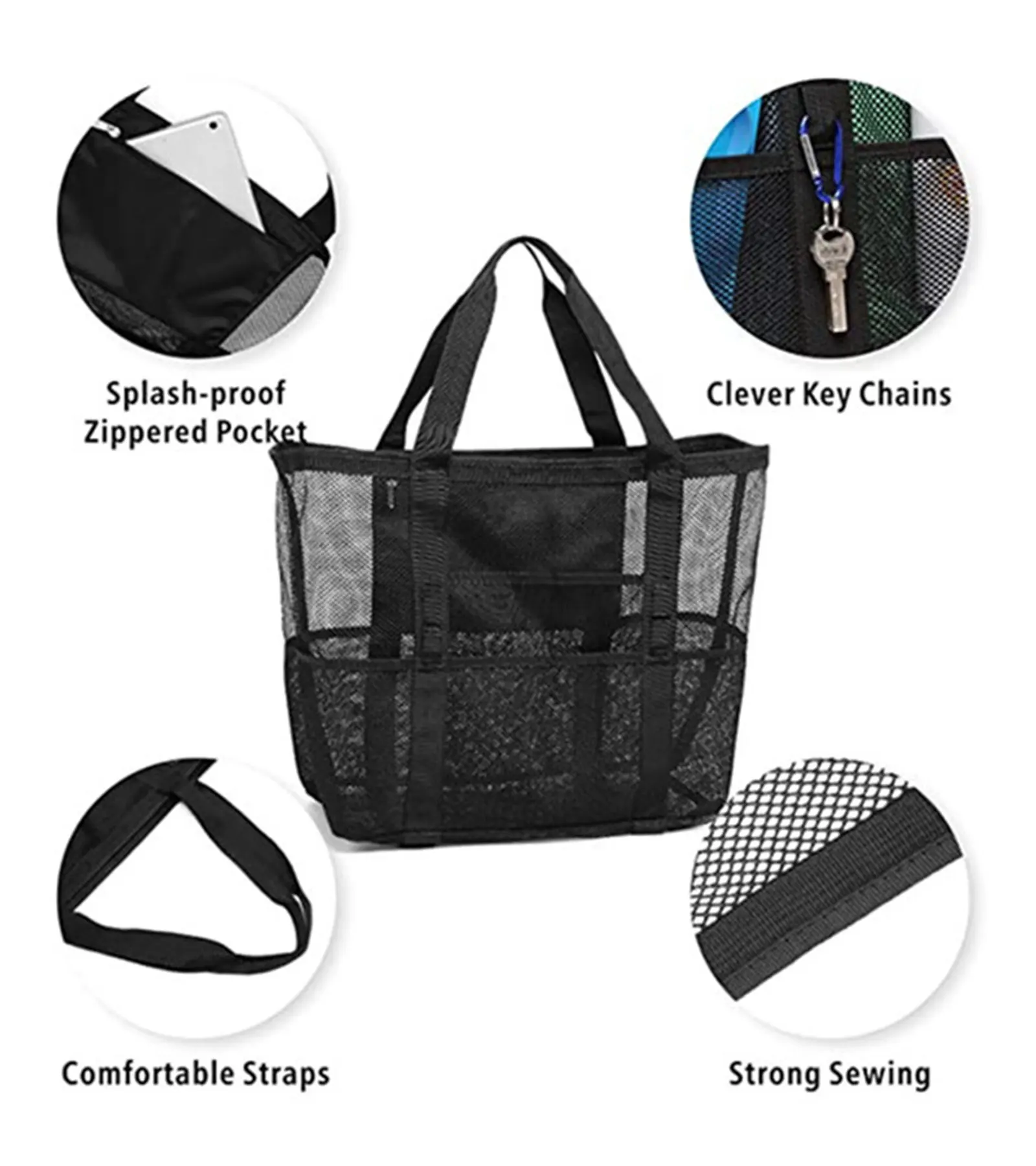 Large Breathable Mesh Beach Bag for Swimming Storage and Vacation Essentials with 9 Pockets