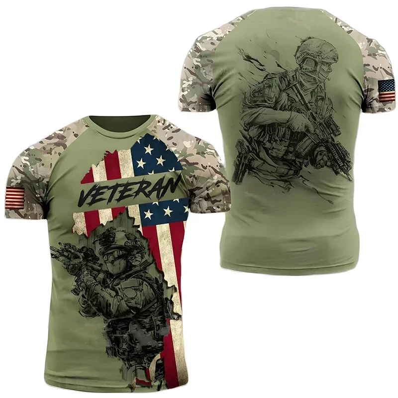 USA Army US Veteran T Shirt for Men Clothing Combat Military Camouflage T-Shirt 3D Skull Printed Short Sleeve Olive Beige Tshirt