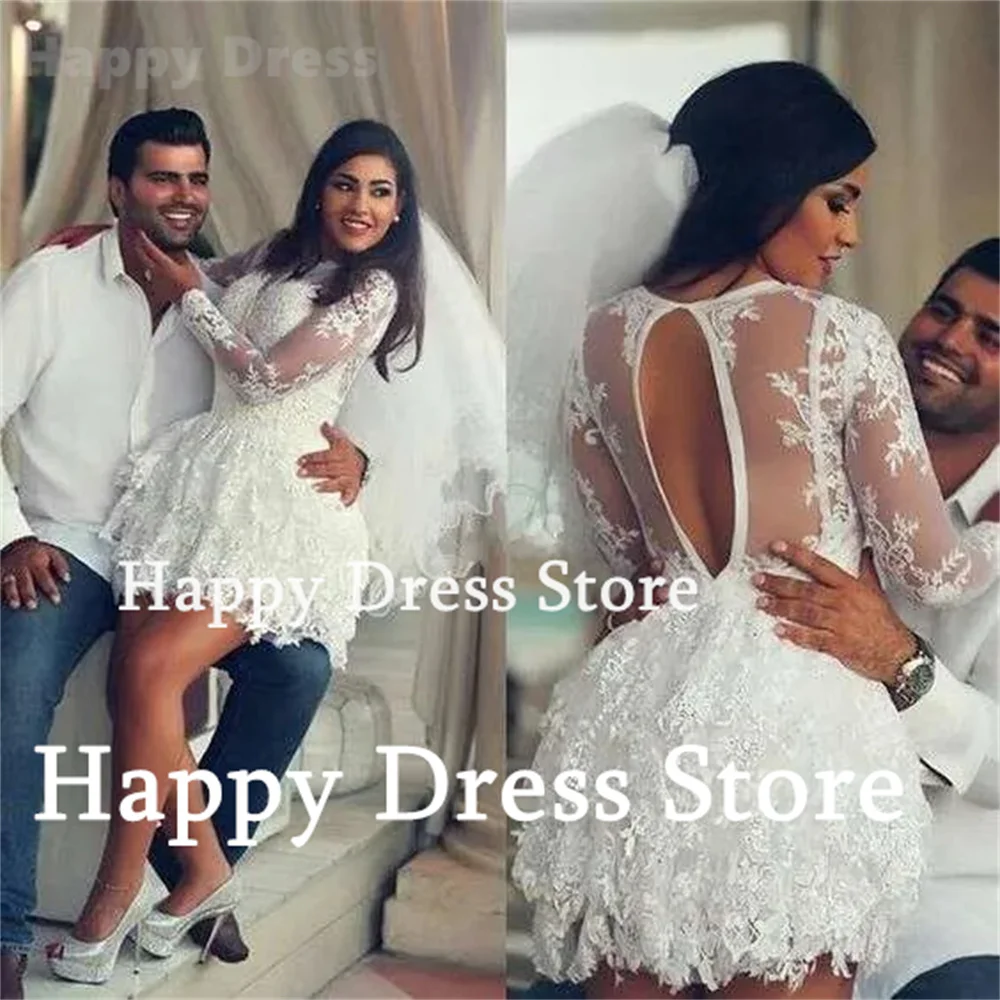 New Short Mini Prom Dress O-Neck Long Sleeves A-Line Tiered Lace Wedding Dress For Women White Bridal Gown Homecoming Dress