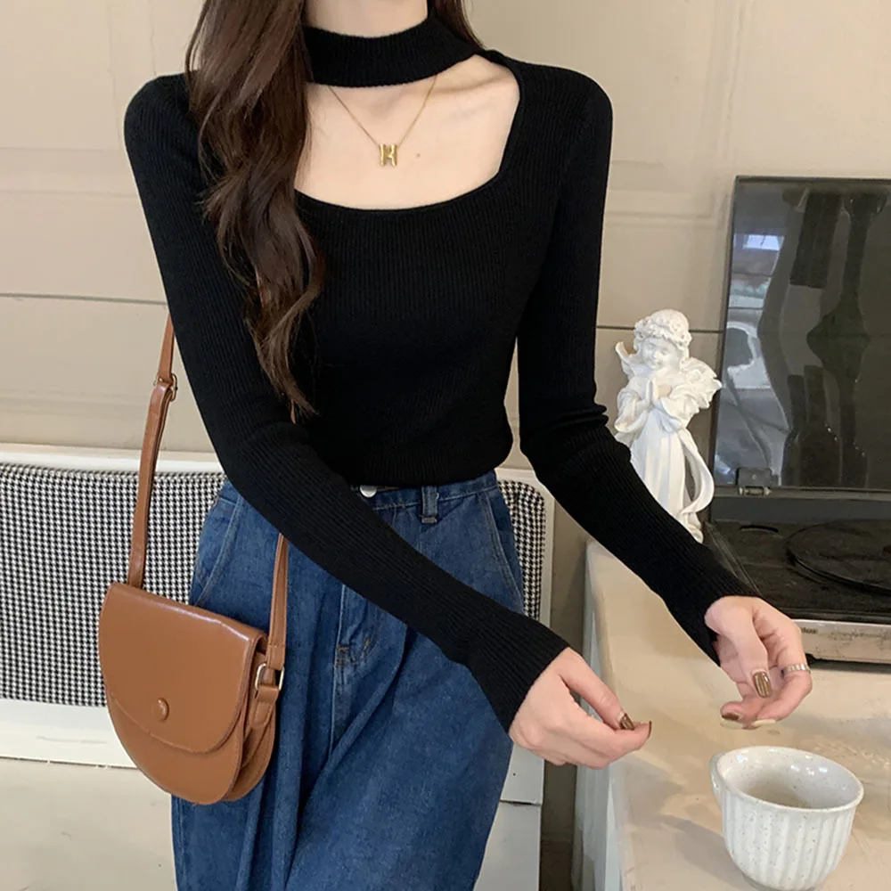 

Slim halter knitted sweater women tops Autumn Spring 2022 U neck short pullover Casual black jumper pull femme