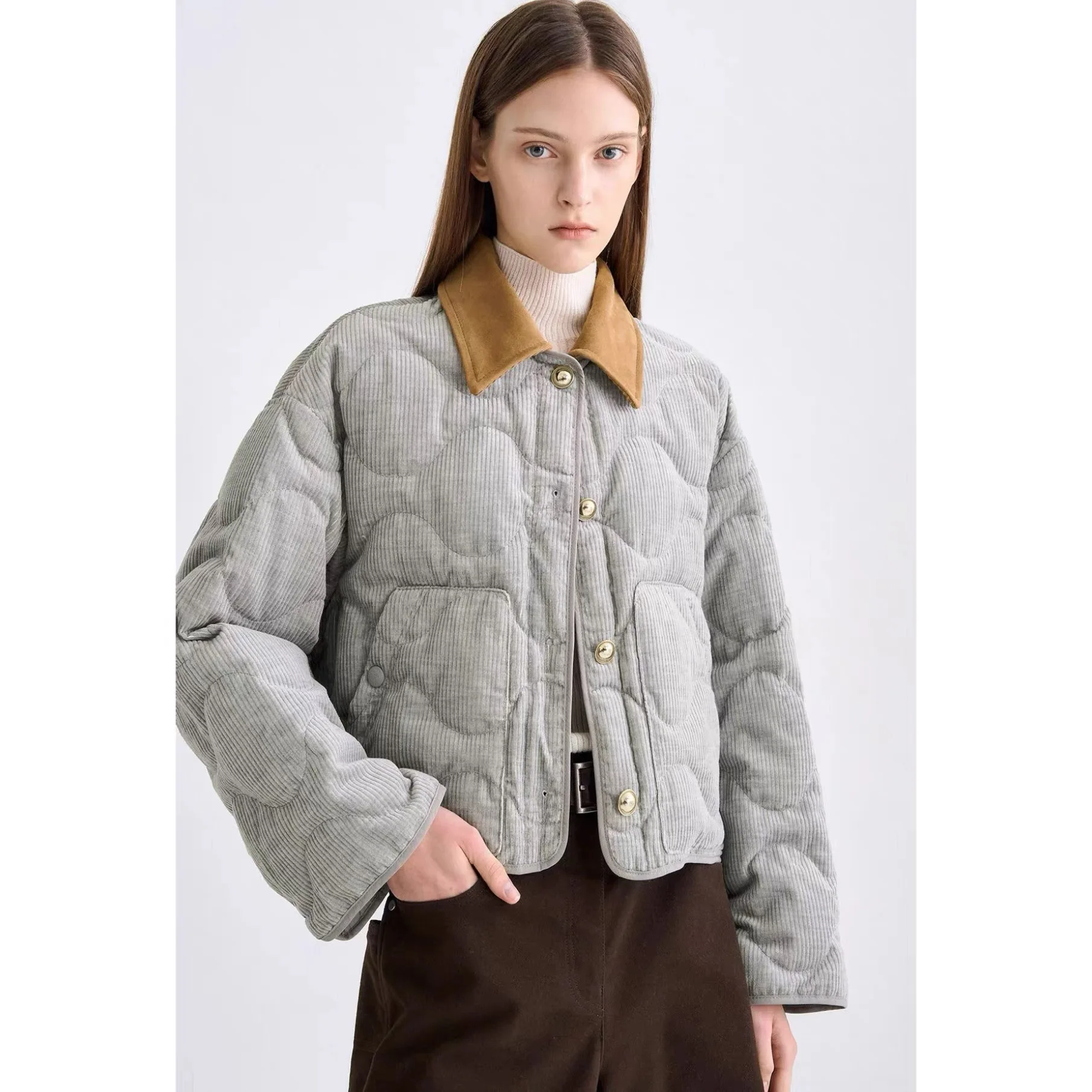 Short Goose down Jacket Lemon Cheese TIM25 Autumn Casual Fashion Suede Collar Patchwork Gourd Pattern Corduroy Women's Coat