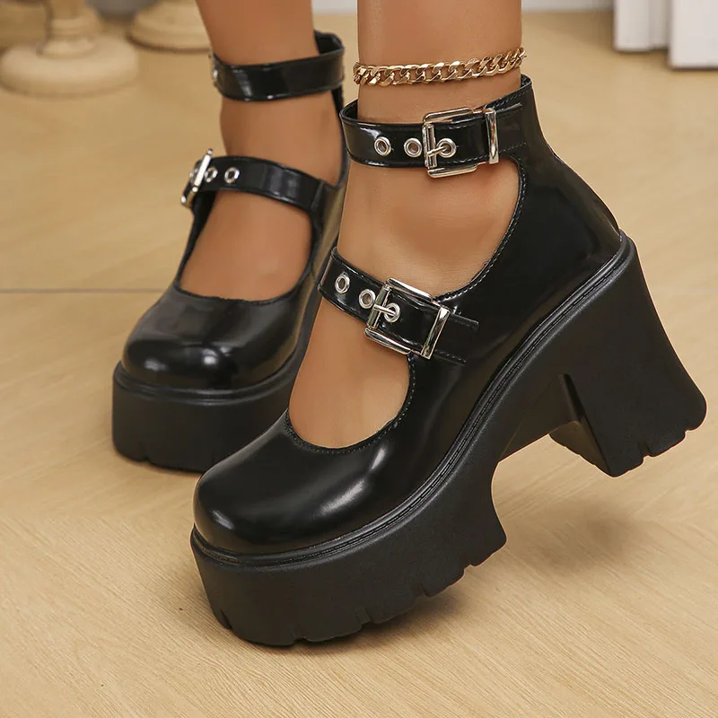 Chunky Platform Punk Gothic Shoes Women Ankle Buckle Super High Heels Pumps Woman 2024 Pu Leather Square Heel Mary Jane Shoes