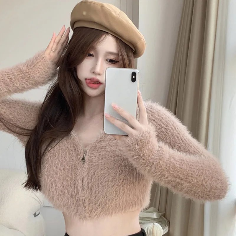 Women Autumn Temperament Knitted Cardigan Top Mink Short Style Gentleness Women\'s Sweater  Coat Solid Color Zipper Design Plush