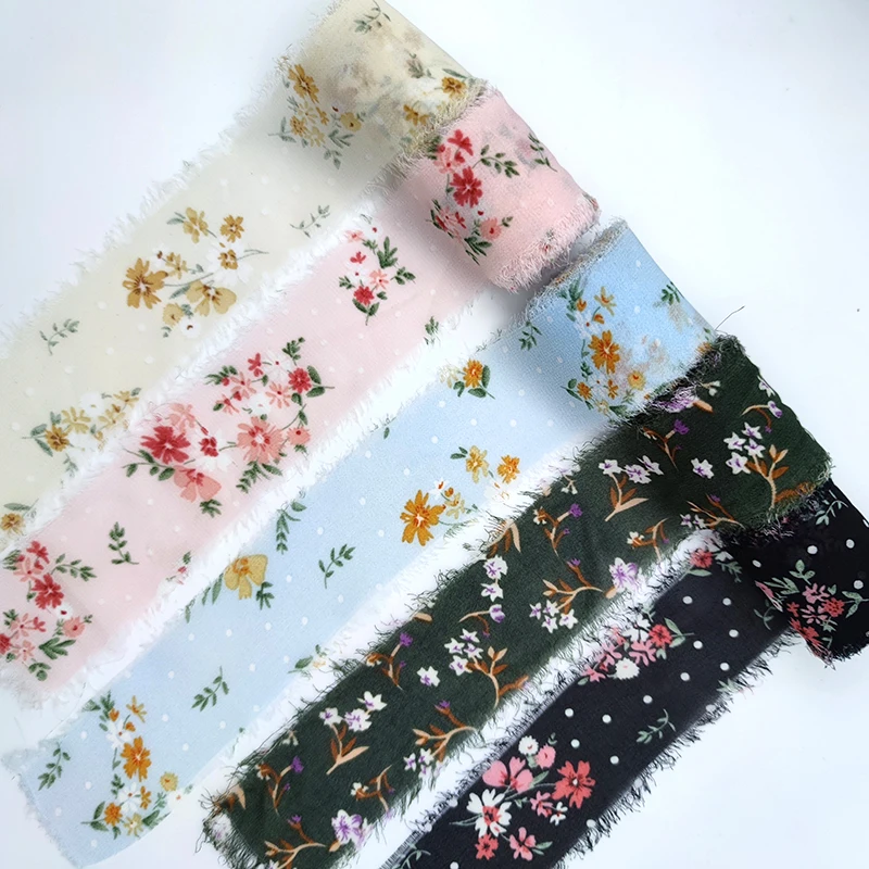 Printed Hand Torn Raw Edge Ribbons Rural Wind And Snow Spun Ribbons Small Fresh Flower Bouquet Ties Broken Flower Tassel Ribbons