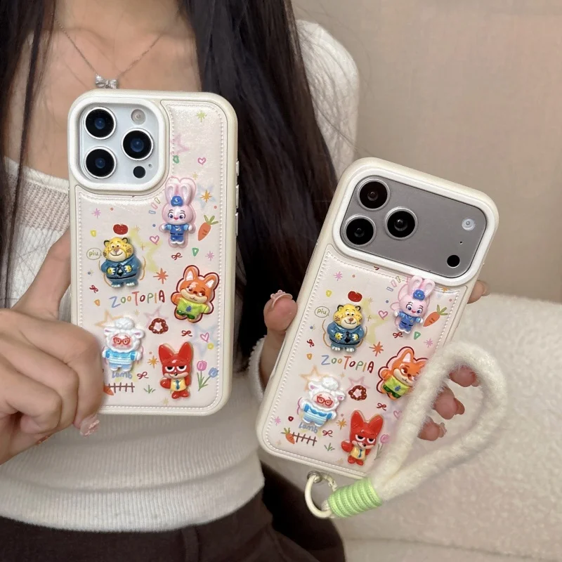 

Luxury Cute Cartoon Zootopia Judy Nick leather Phone Case For iPhone 13 14 15 16 17Pro Max Y2k 3D solid Doll Furry Wrist Strap ﻿