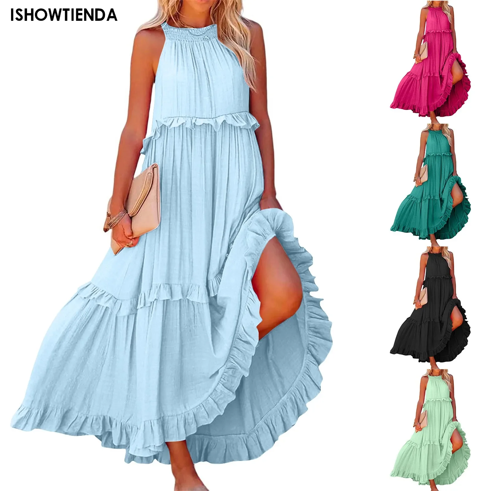 Bohemian Beach Sundress Sexy Sleeveless Backless Big Swing Maxi Long Dress Strapless Ruffles Midi Dresses Vacation Vestidos