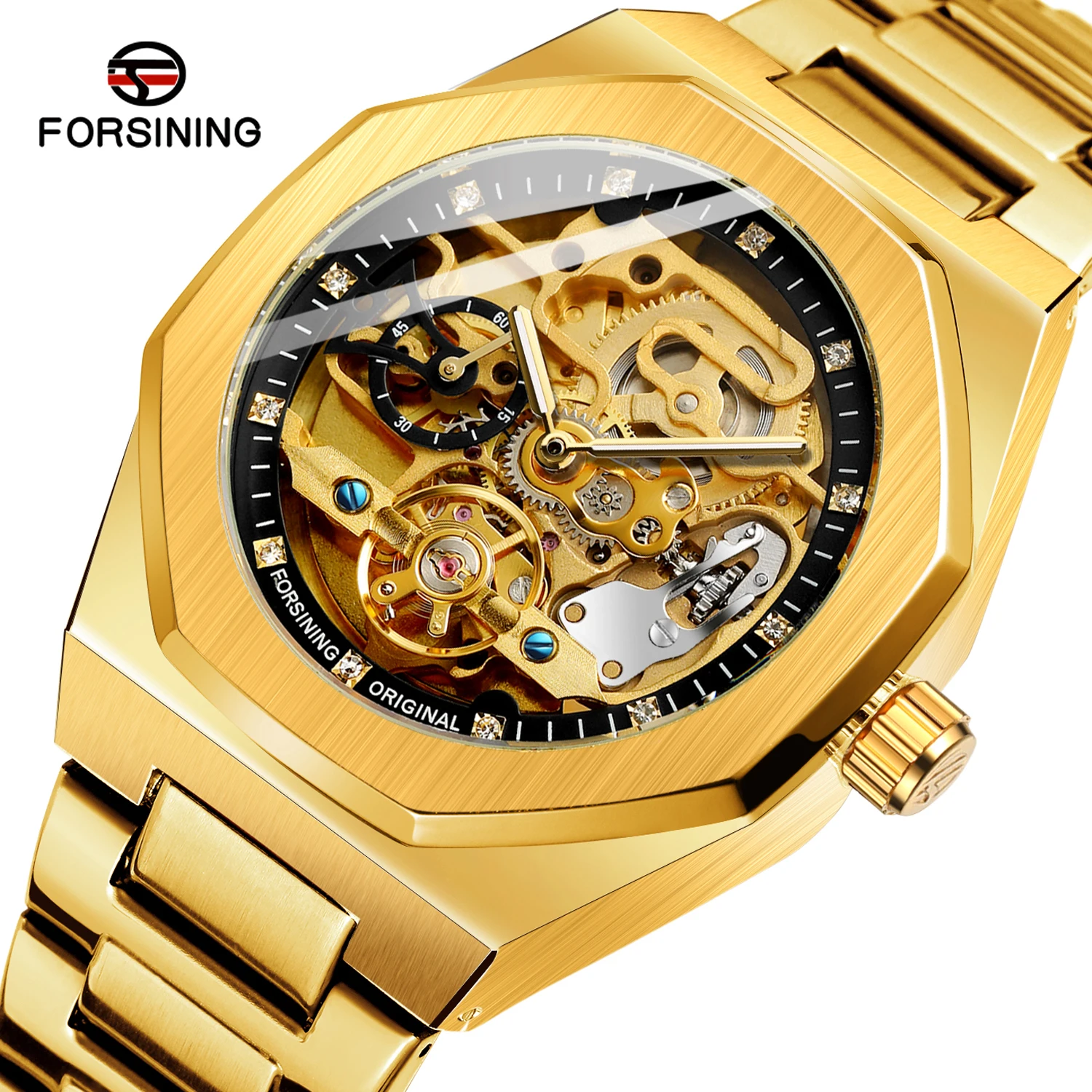 FORSINING Trendy Polygon Men Watch Rhinestone Skeleton Automatic Mechanical Watch Stainless Steel Formal Business Man Wristwatch