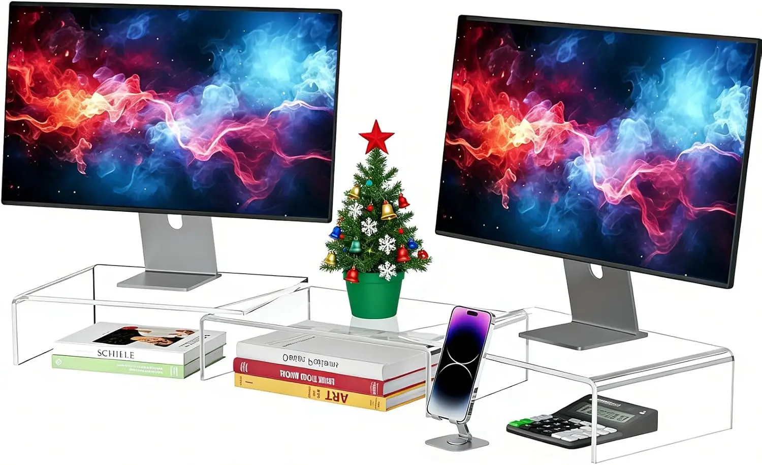 

Clear Acrylic Monitor Stand Riser, 3 Shelves Adjustable Dual Monitor Stand with Anti-Slip Mat, Premium Desk Organizer for Hom