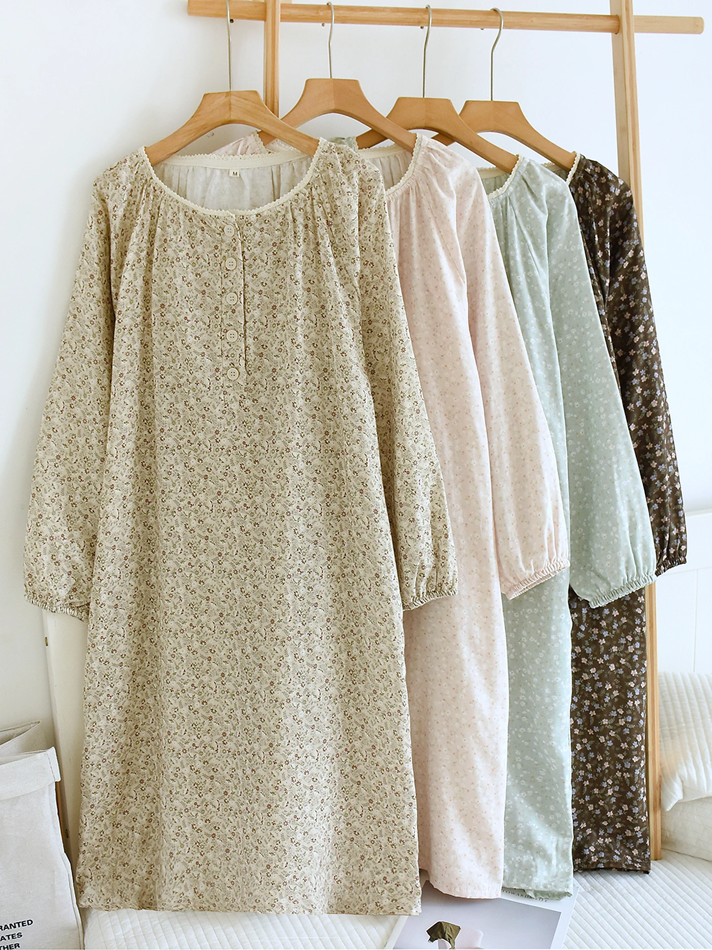Spring Autumn Pure Cotton Gauze Sleep Dress Women's round Neck Long Sleeve Home Skirt Sweet Floral mid Length Can Be Worn out...