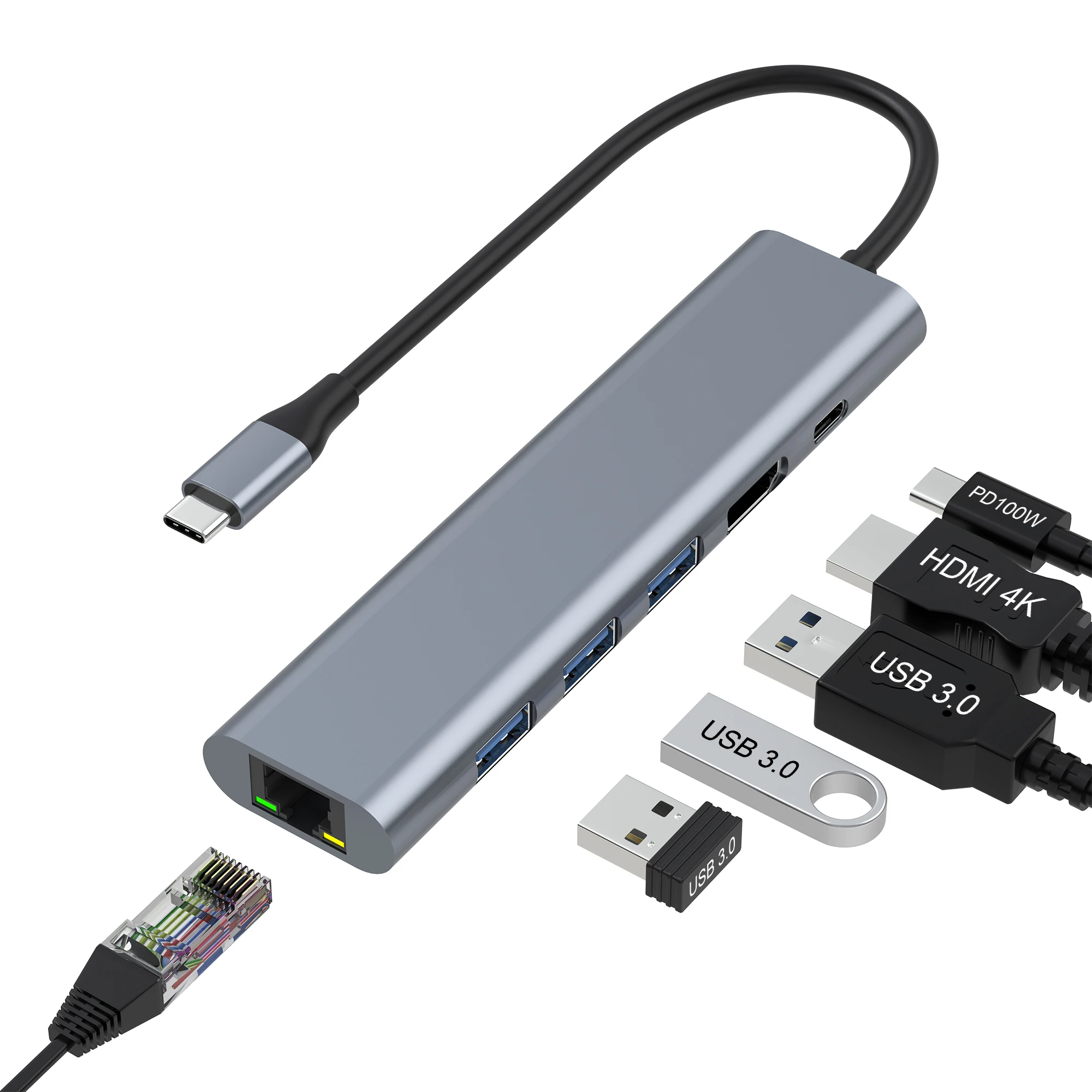 USB C Hub HDMI 4K, 6 in 1 Docking Station 3 USB 3.0 Ports, Type C Ethernet Adapter for MacBook/Laptop/Surface,100W PD Charging