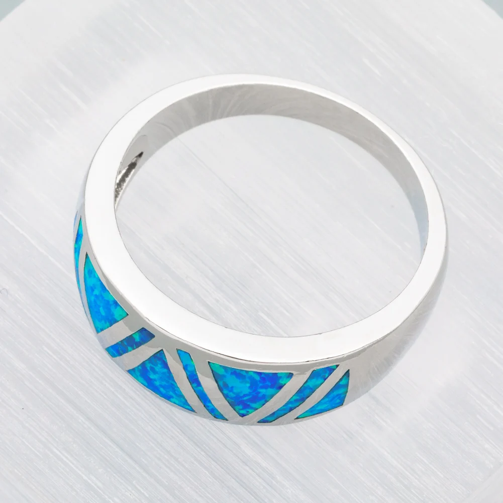 KONGMOON Ocean Blue Fire Opal Triangle Shaped Inlay Jewelry Women Band Ring Size 6 7 8 9 10