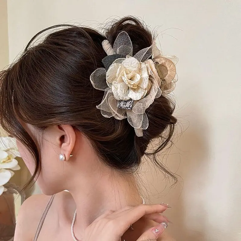 قطعة واحدة من شبكة الجنية الفائقة، بتلات الورد المجففة، مشبك شعر راقي، مشبك سمك القرش، مشبك شعر جديد وإكسسوارات #2