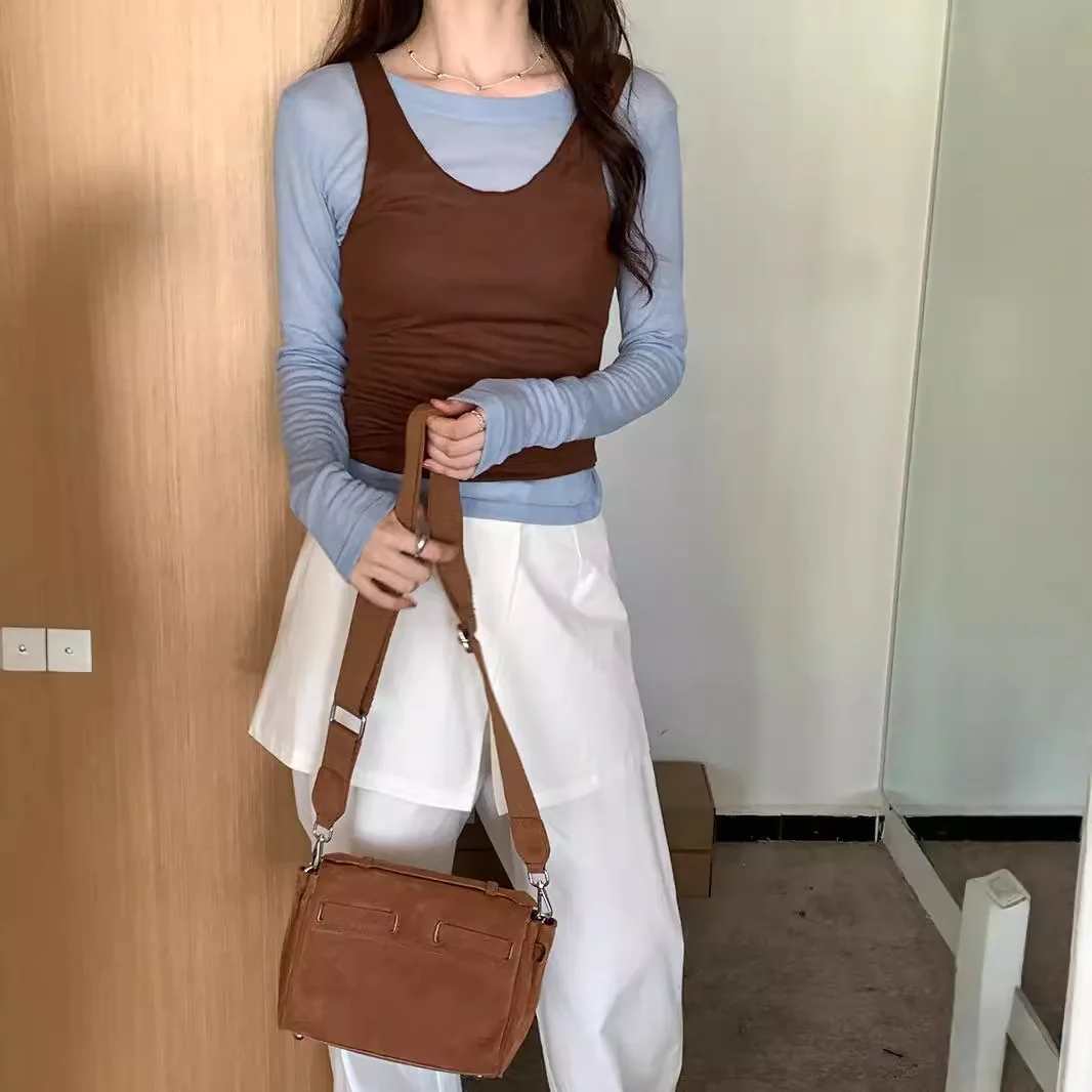 New Basic O-neck Long Sleeve T-shirt And Square Collar Vest Two-piece Tee Set For Women Autumn