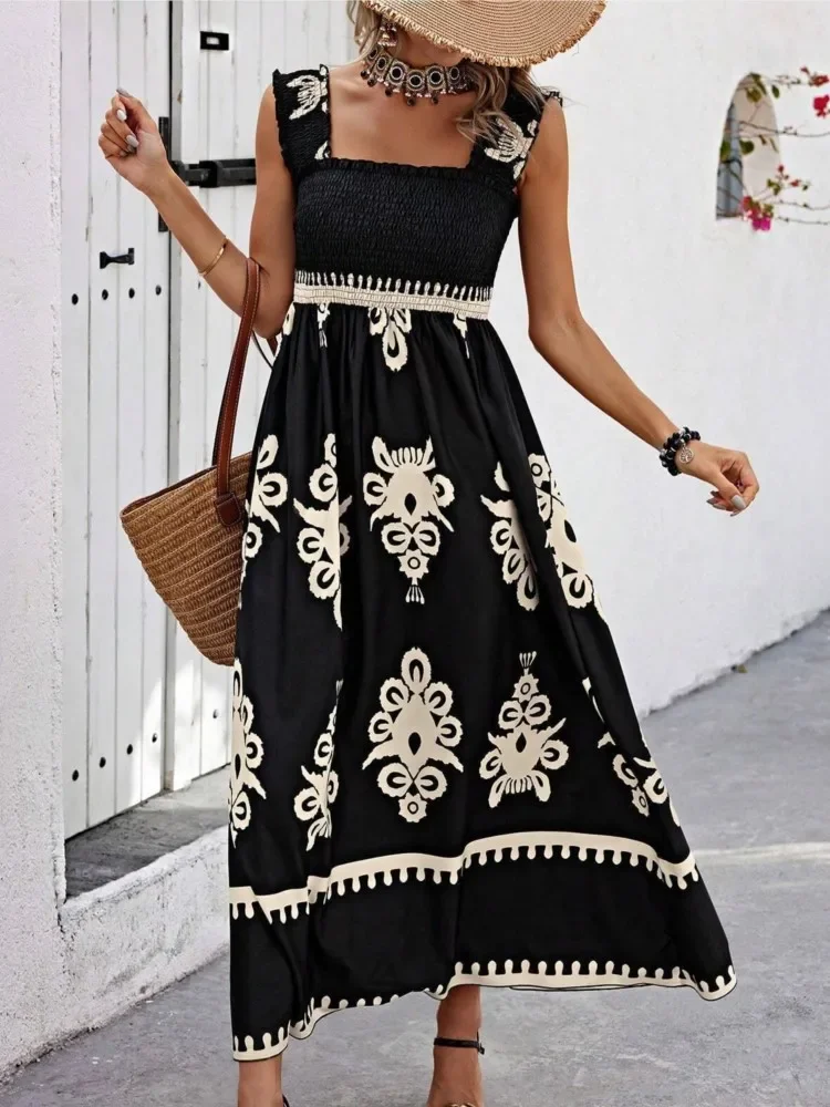 Frauen Sexy Strap Strand Urlaub Sommerkleid Sommer Mode Druck Ärmellose Elastische Brust Einfache Boho Casual Midi Kleider