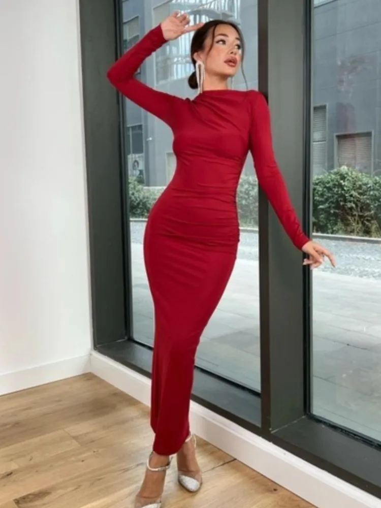 Y2k Solid Color Bodycon Party Long Dress Long Sleeve Package Hip Slim Folds Maxi Dresses For Women Elegant Vestidos Para Mujer