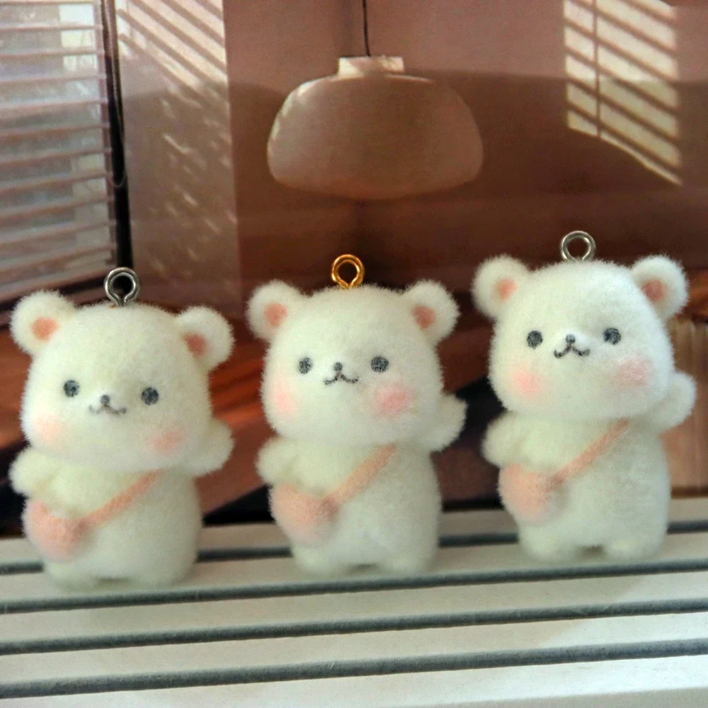 20Pcs 3D Cute Flocking Shoulder Bag Bear Charms Cartoon Animal Plush Resin Pendant For Phone Keychain Earring DlY Jewelry Make