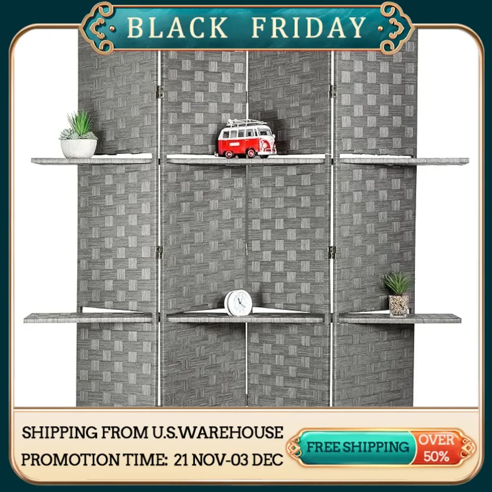 Decorative Hand Woven Bamboo 4-Panel Room Divider with 2 Tier Display Shelves & 2-Way Hinges, Gray