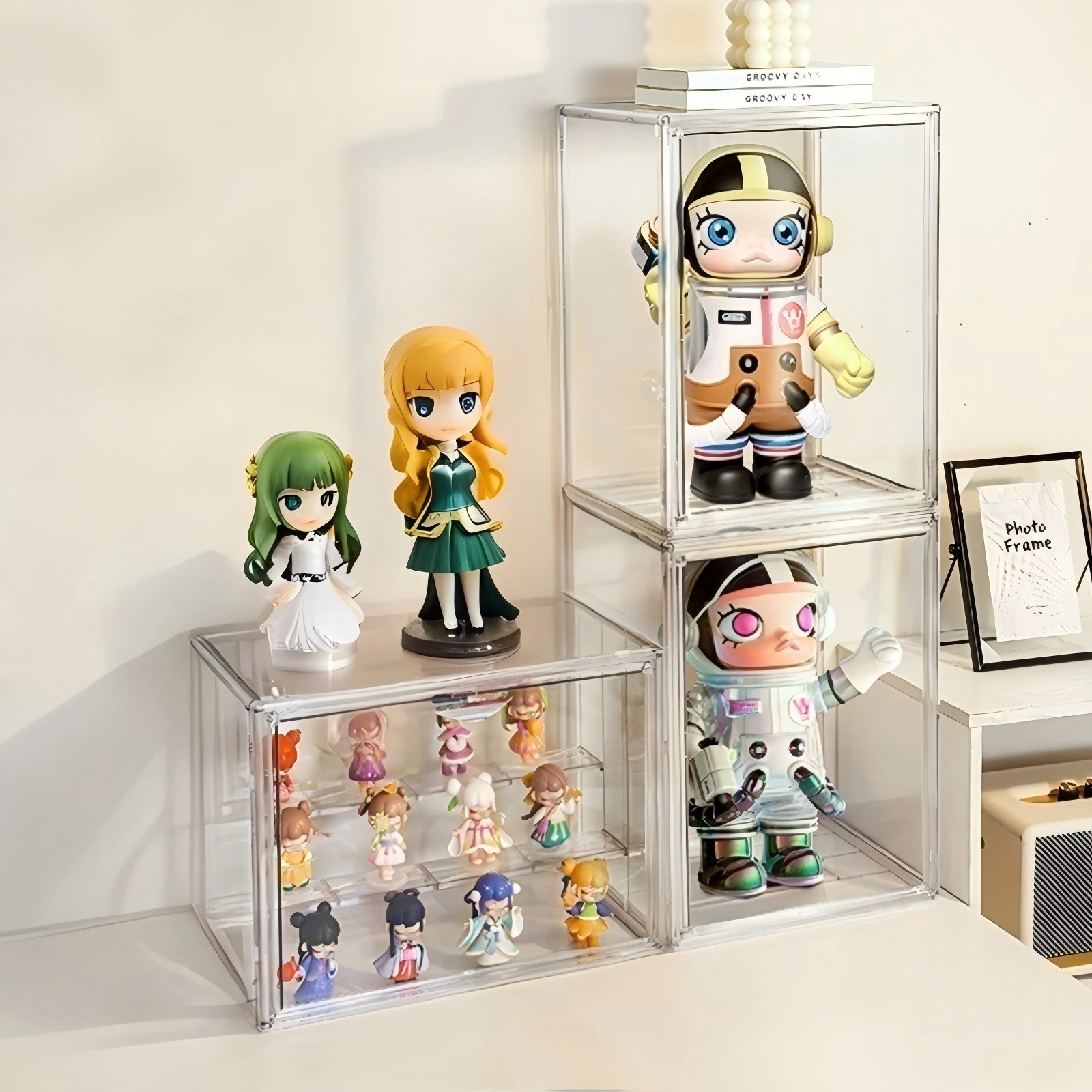 Caja de exhibición transparente, contenedores de almacenamiento de plástico apilables a prueba de polvo, bolsa coleccionable para exhibición de figuras, vitrina de cosméticos con capas intermediadas