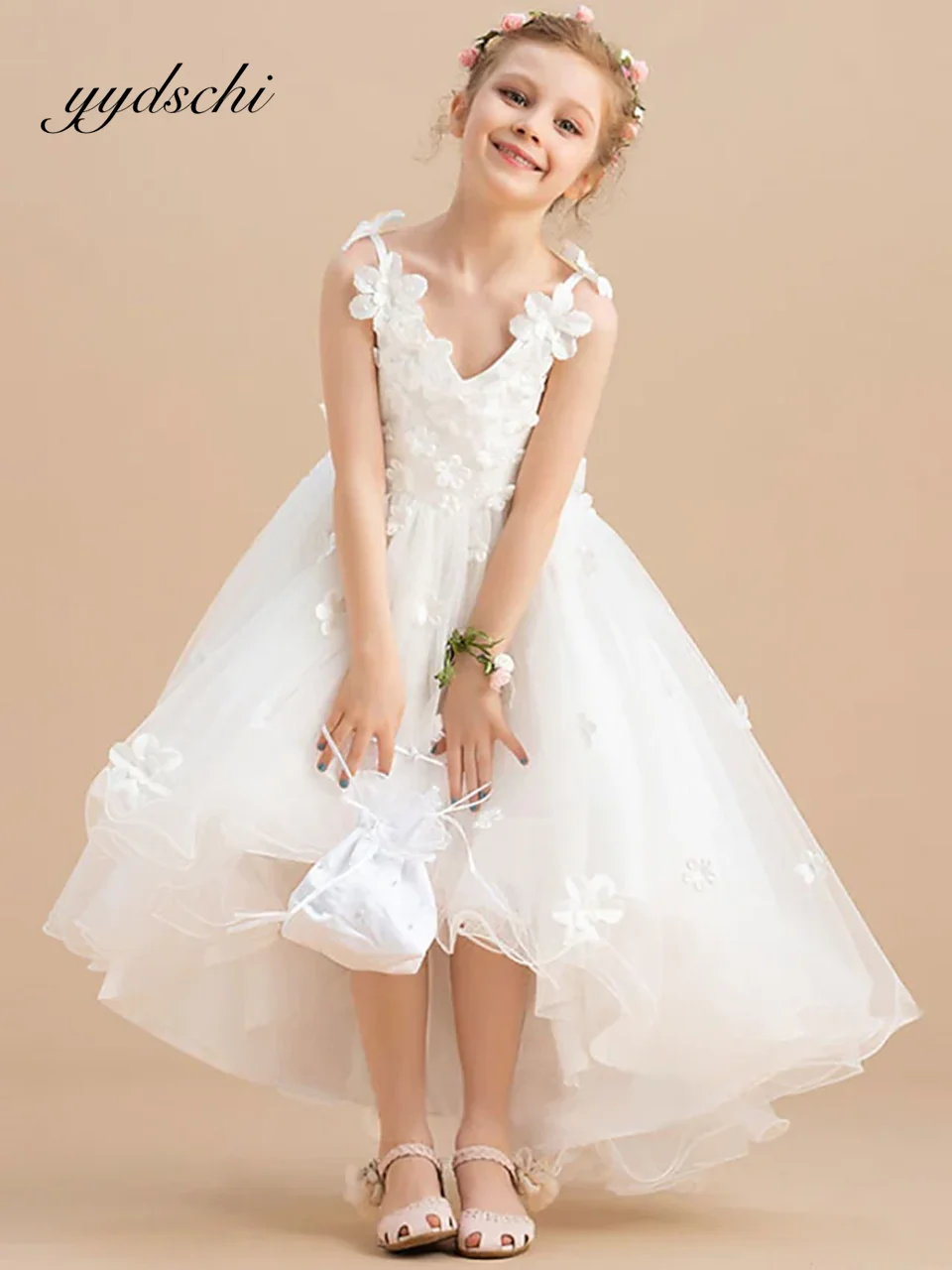 Customized 2025 White Flower Girl Dresses Lace Appliques Kids Party Dress V-Neck Sleeveless Ball Gown Elegant First Communion