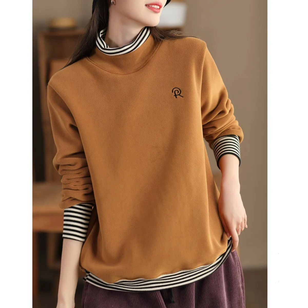 Retro Fake Two-piece Women Sweatshirt Autumn Winter Fashion Striped Patchwork Literary Versatile Simple Casual Loose Female Tops