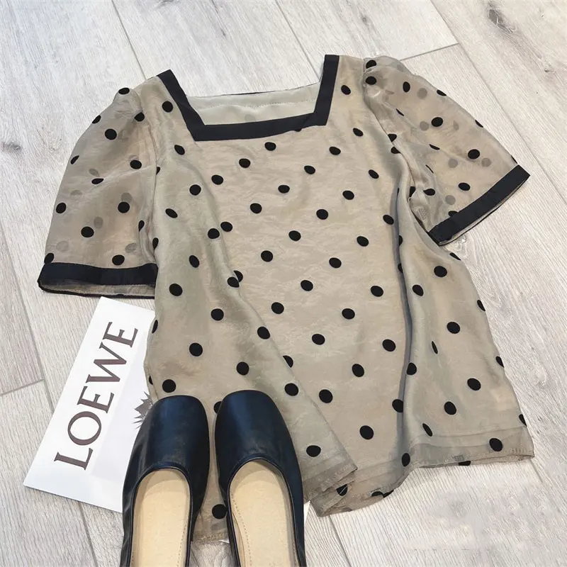 Korean Polka Dot Printed Shirt Elegant Square Collar Summer Short Sleeve Spliced Female Clothing Commute Fashion Loose Blouse