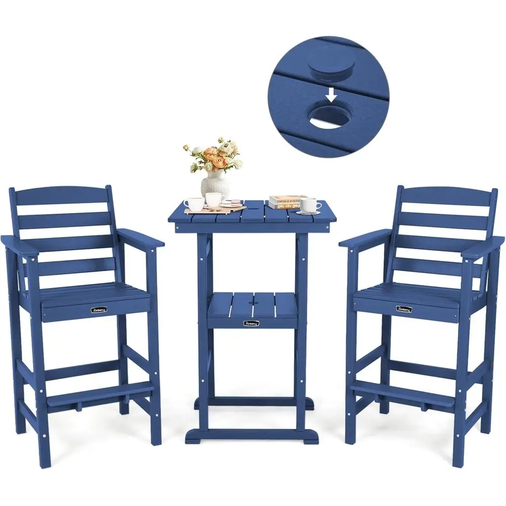 

Всепогодный барный набор из ПЭВП с отверстиями для зонтов. Высокие стулья Адирондак и стол для бистро, патио и балкона.