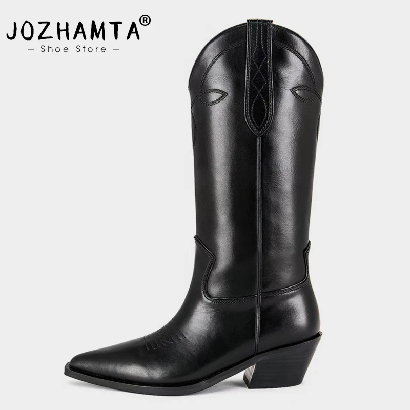 JOZHAMTA Size 33-43 Cowboy Boots For Women Cow Leather Chunky High Heels Shoes Womans Winter Fashion Cowgirl Short Western Boots