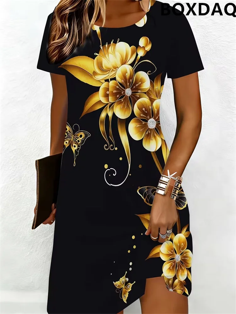 Short Sleeved Round Neck Women's Fashionable Dresses Summer Casual Flower Pattern Printed Loose Dress 2026