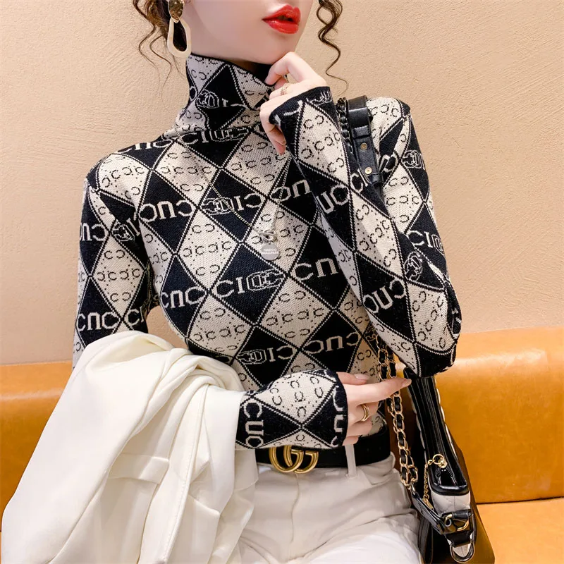 Women Elegant Fashion Letter Color Blocking Jumpers Top 2024 Spring New Turtleneck Slim All-match Knitting Sweater Lady Pullover