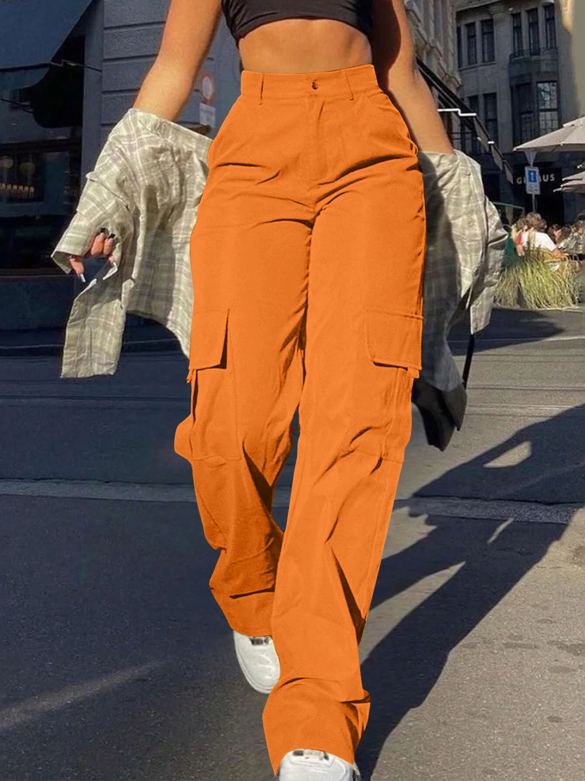 순색 블루 스트레이트 레그 워크 팬츠 캐주얼 루즈 핏 여성 패션 허리 버튼 디테일 워크웨어