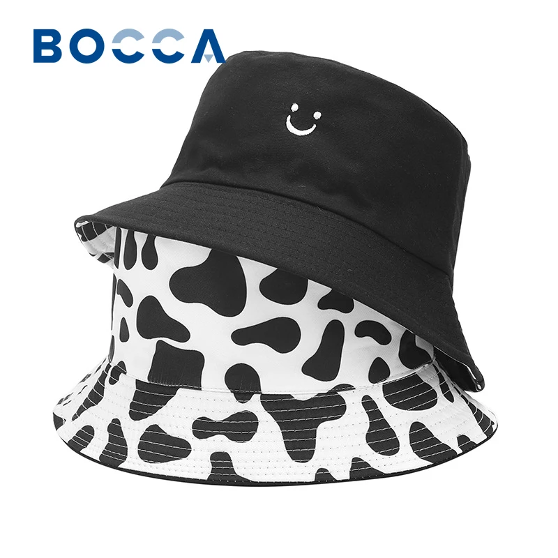 Bocca Cow Pattern Bucket Hat Smile Face Embroidery Double Sides Fisherman Hats For Men Women Panama Cap Summer Sun Hot Selling