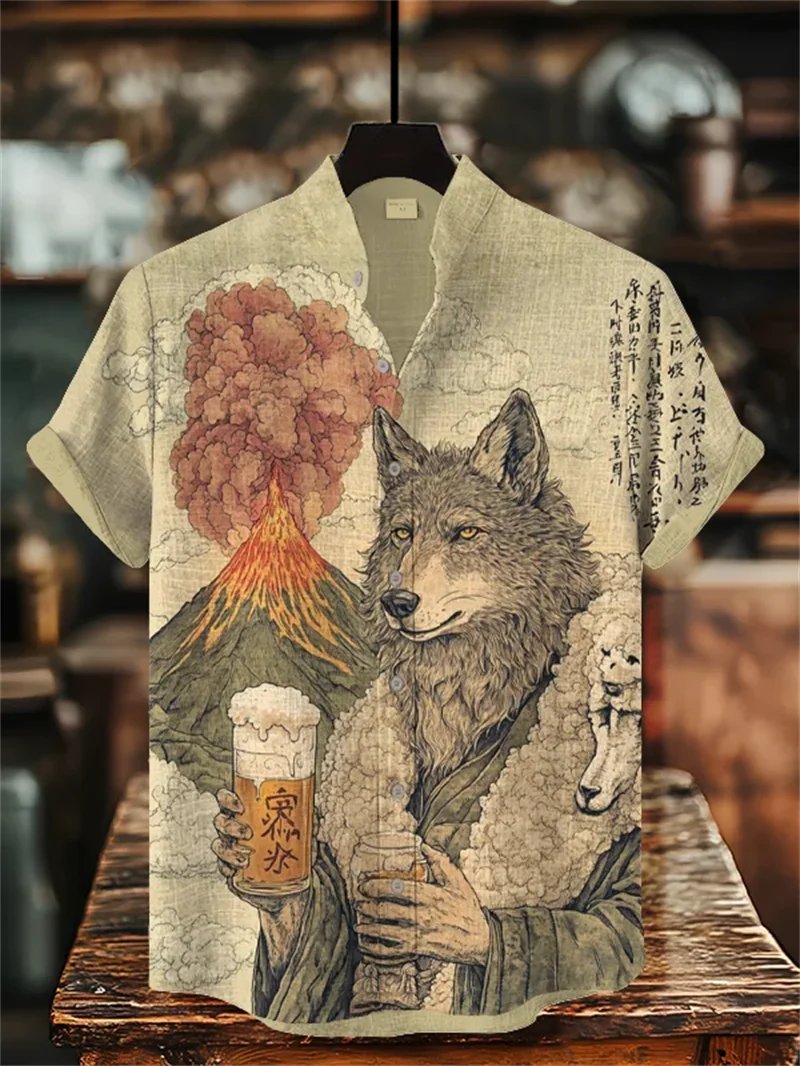 

Новая мужская роскошная льняная рубашка в стиле ретро с короткими рукавами, с 3D-принтом бамбука и рисунком гитары, повседневная рубашка, мужская одежда, топ