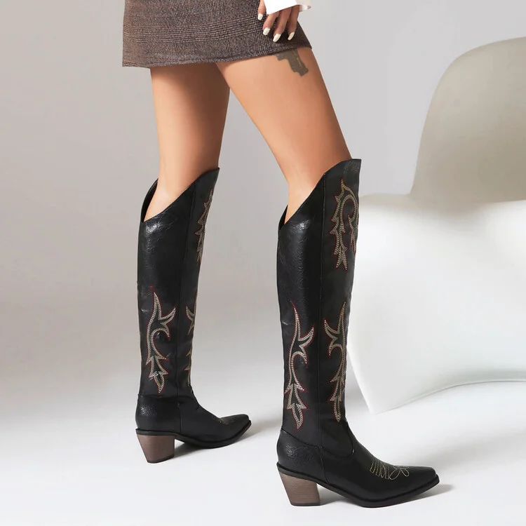 

Retro Knight Knee High Boots For Women Embroidered Western Cowboy Boots 2025 New Shoes