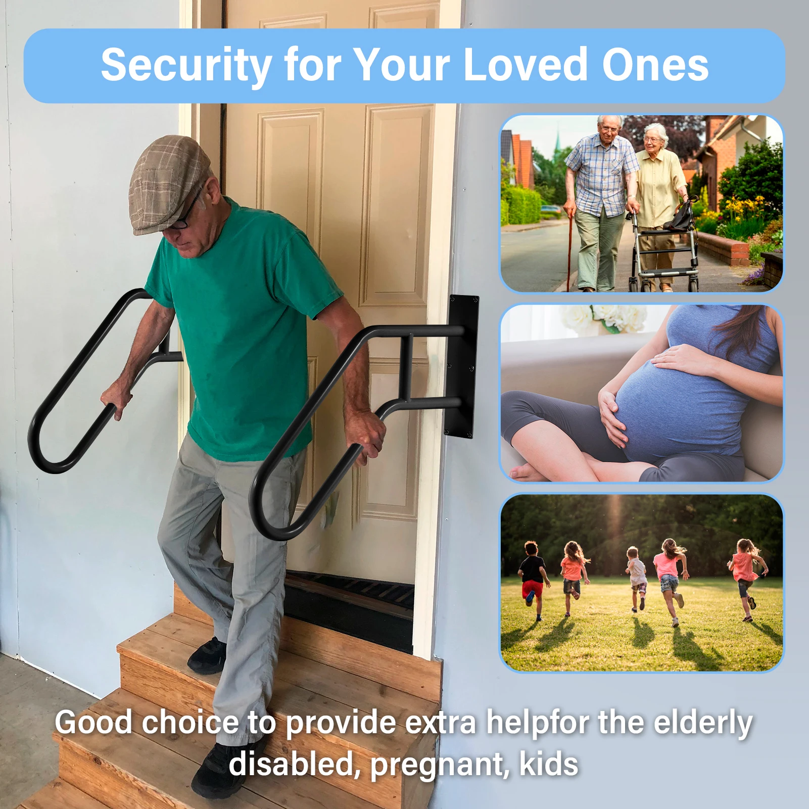Sturdy Metal Handrails for 1-3 Steps, 2-Pack U-Shaped Grab Bars for Porch, Deck - Weatherproof Wall-Mounted Safety Rails